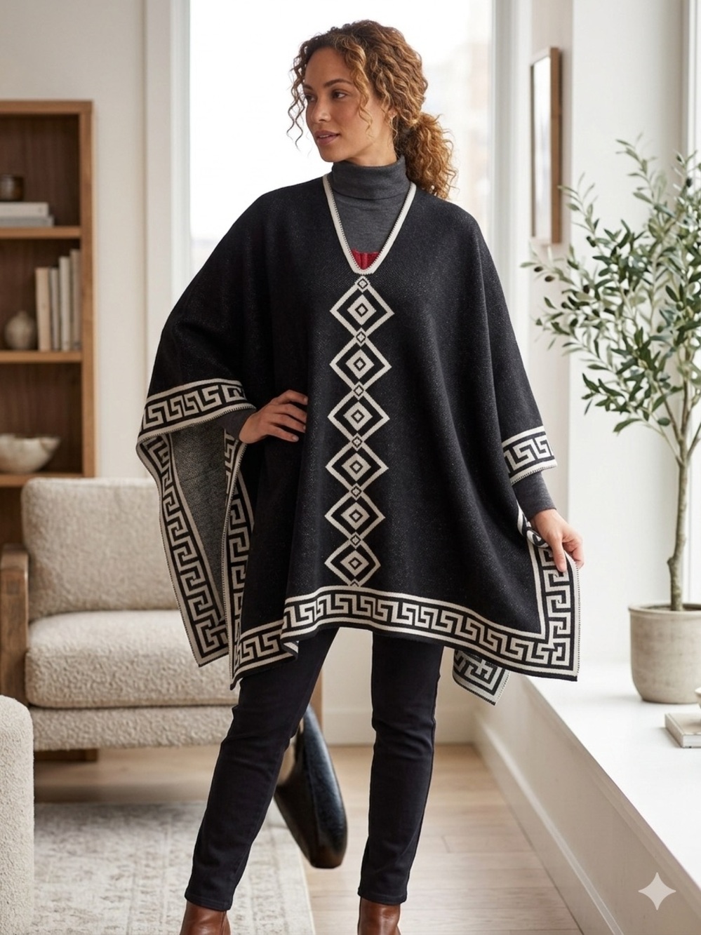 Hand Crafted Black Poncho with Cream Geometric Trim